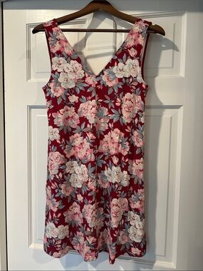 LOFT Floral Double V-Neck Sleeveless Dress - Burgundy Pink Blue, size XS